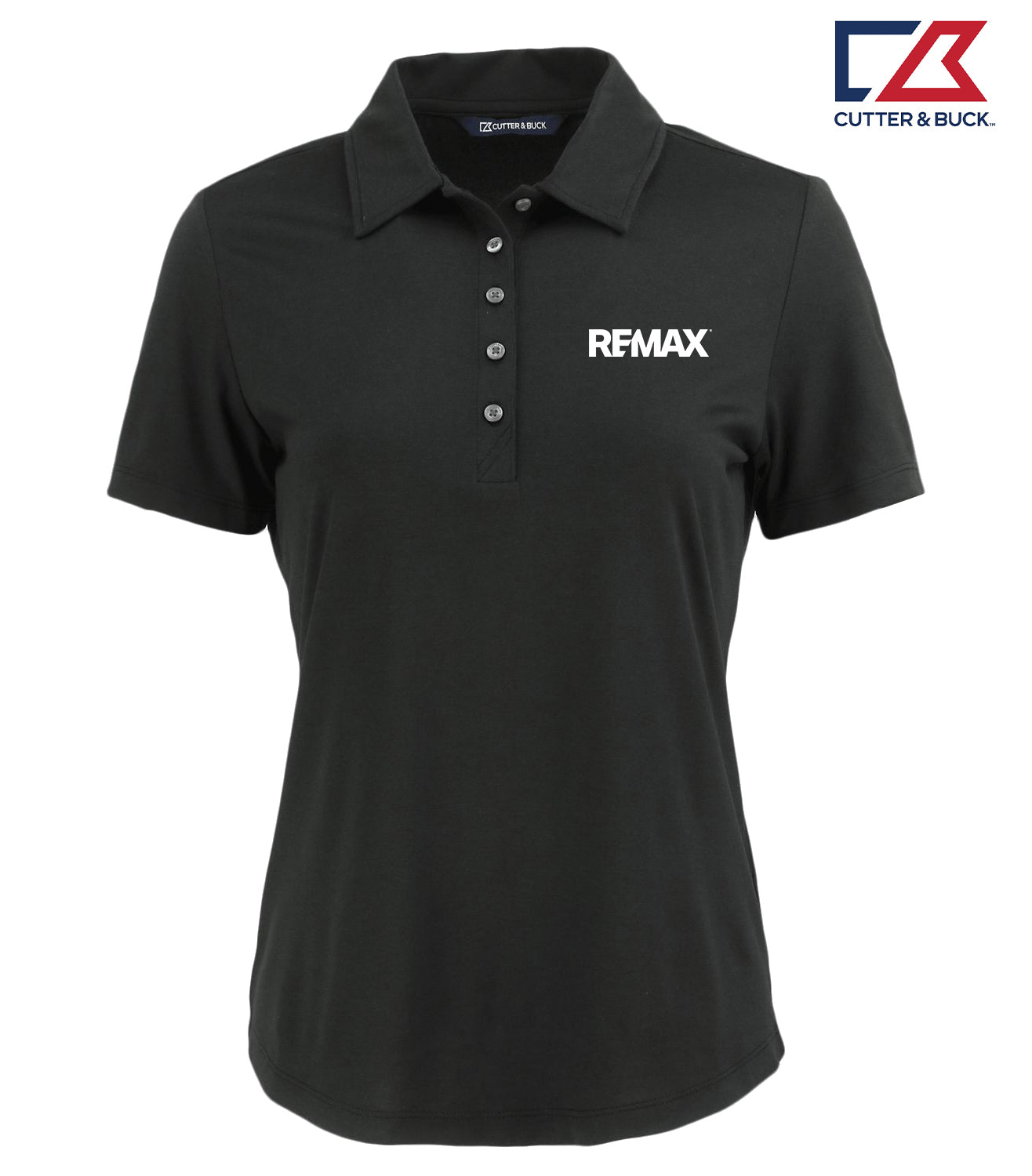 A black short-sleeve polo shirt with a three-button placket and a white REMAX logo printed on the left chest, shown on a plain white background with a Cutter & Buck logo in the top right corner.