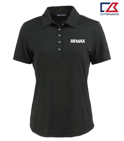 A black short-sleeve polo shirt with a three-button placket and a white REMAX logo printed on the left chest, shown on a plain white background with a Cutter & Buck logo in the top right corner.