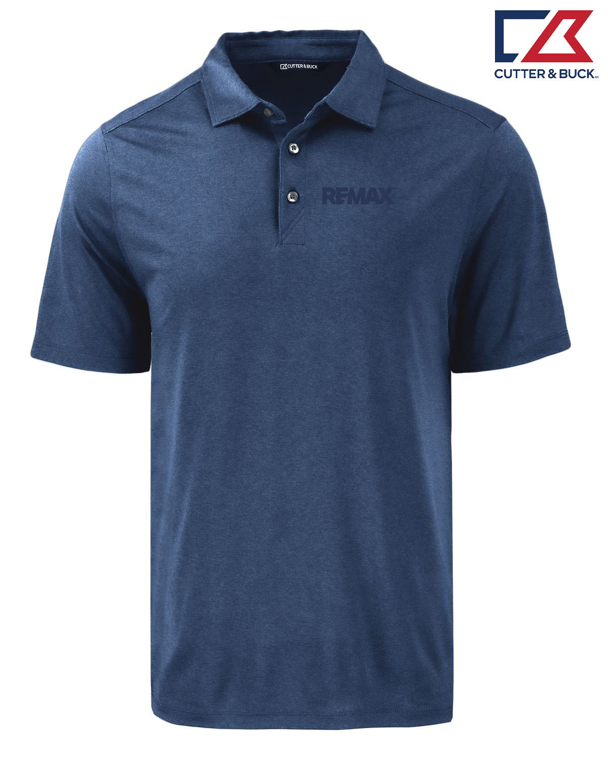 Blue polo shirt with 'REMAX' logo on a white background, featuring the Cutter & Buck brand.