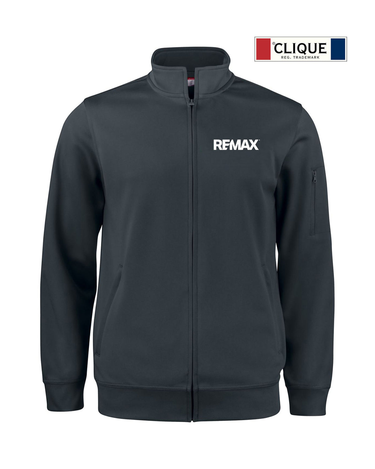 A dark gray zip-up jacket with a stand collar, featuring the white REMAX logo on the left chest and a small CLIQUE logo badge in the top right corner, set against a plain white background.