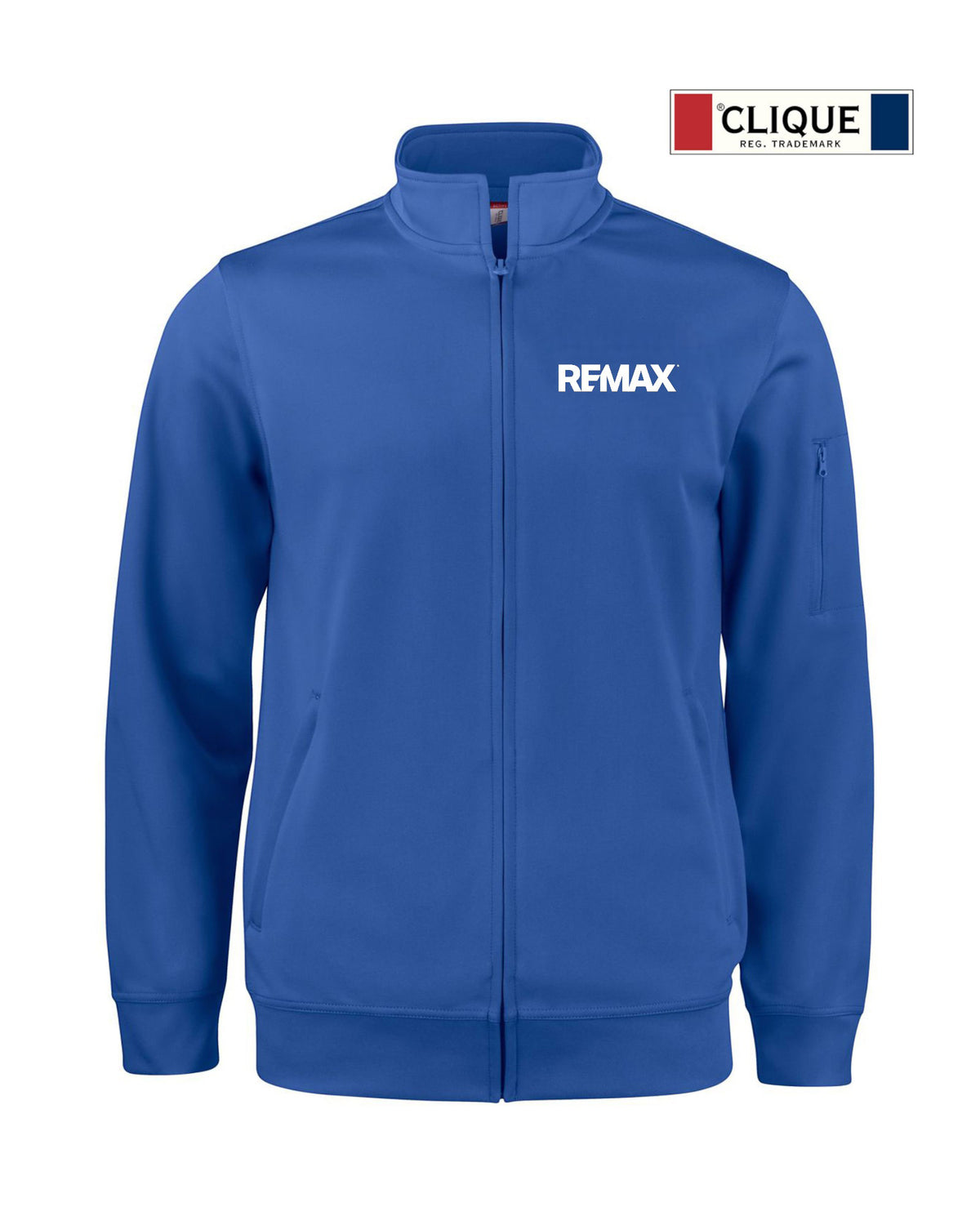 A royal blue zip-up track jacket with a stand collar, featuring the white 'REMAX' logo on the left chest. The jacket is displayed on a clean white background with a 'CLIQUE DES TRAVAUX' logo badge in the top right corner.