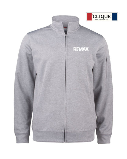 A light gray heather zip-up jacket with a stand collar and the brand name 'REMAX' printed in white on the left chest, shown against a plain white background with a small 'Clique Financiere' logo overlay in the top right corner.