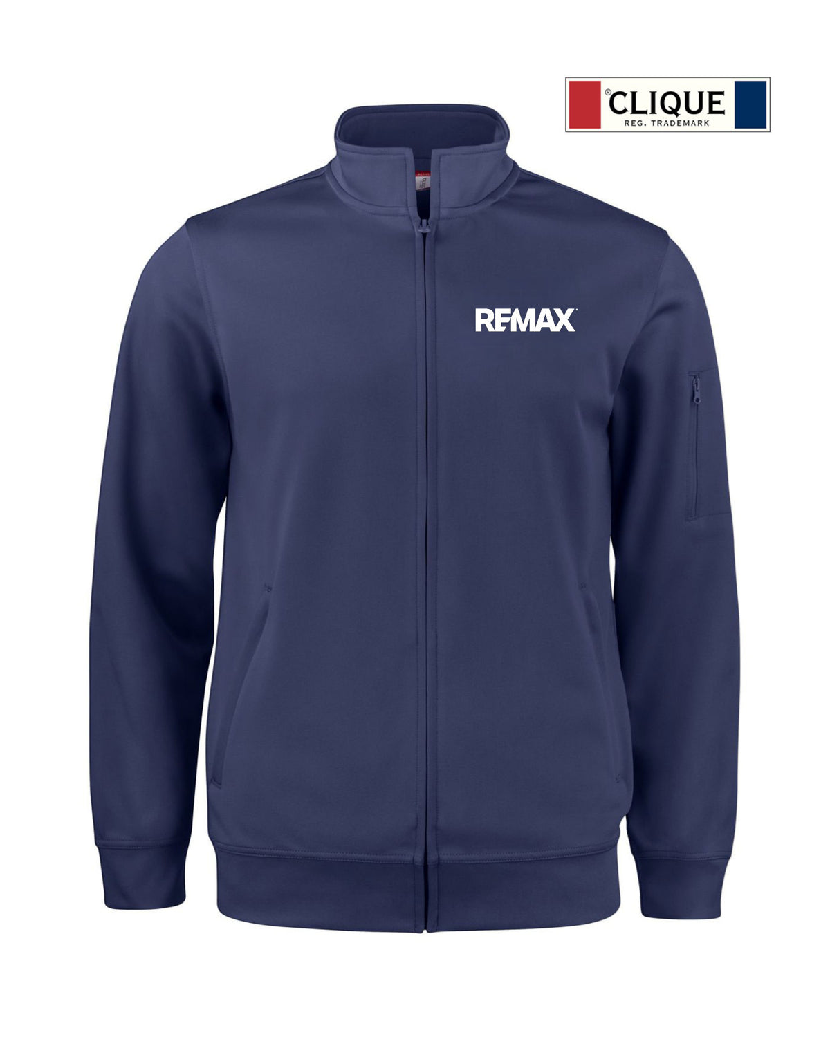 A navy blue zip-up jacket with a white REMAX logo on the left chest, displayed on a clean white background with a 'CLIQUE' brand badge in the top right corner.