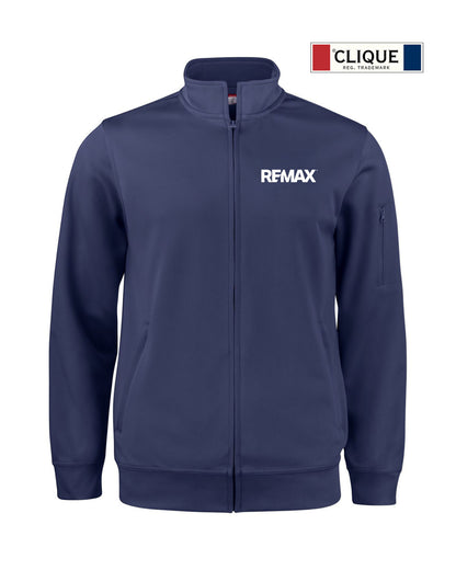A navy blue zip-up jacket with a white REMAX logo on the left chest, displayed on a clean white background with a 'CLIQUE' brand badge in the top right corner.