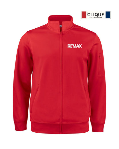 A red zip-up track jacket with a stand collar, featuring the white 'REMAX' logo on the left chest and a small 'CLIQUE des trébuchers' logo in the top right corner, shown on a plain white background.