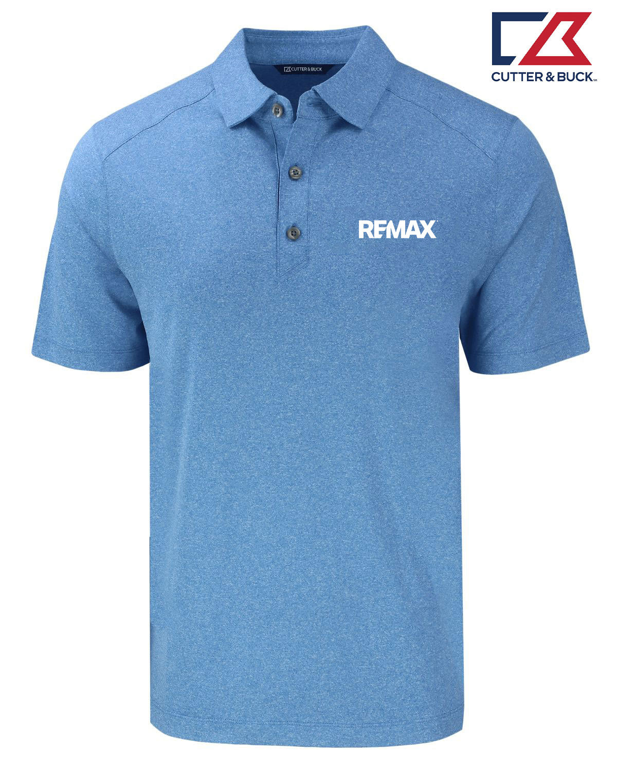 A heather blue short-sleeve polo shirt with a two-button placket and a white REMAX logo printed on the left chest, shown on a plain white background with a Cutter & Buck logo in the top right corner.