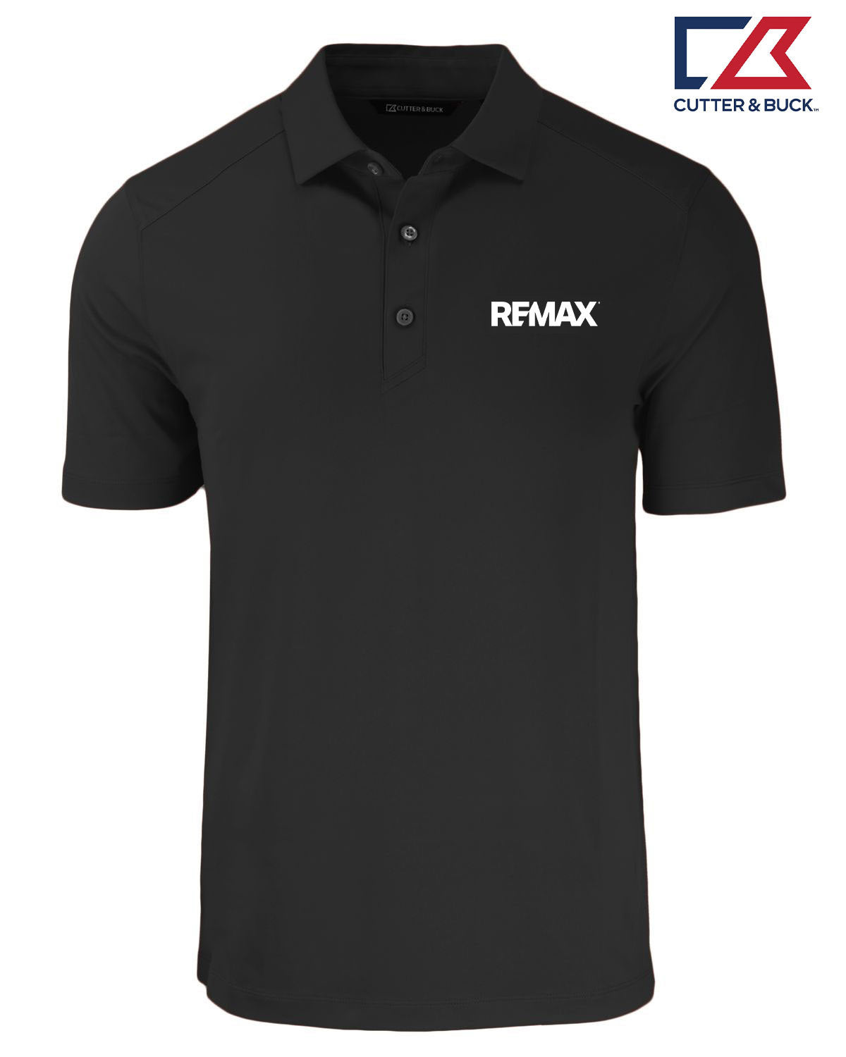 A black short-sleeve polo shirt with 'REMAX' printed in white on the left chest, shown on a plain white background with a Cutter & Buck logo in the top right corner.