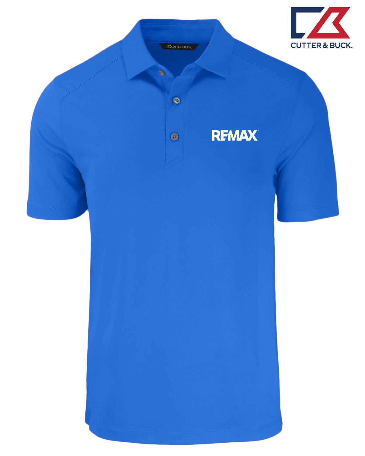 A bright blue short-sleeve polo shirt with a two-button placket and a white REMAX logo printed on the left chest, shown on a plain white background with a Cutter & Buck logo in the top right corner.