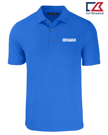 A bright blue short-sleeve polo shirt with a two-button placket and a white REMAX logo printed on the left chest, shown on a plain white background with a Cutter & Buck logo in the top right corner.
