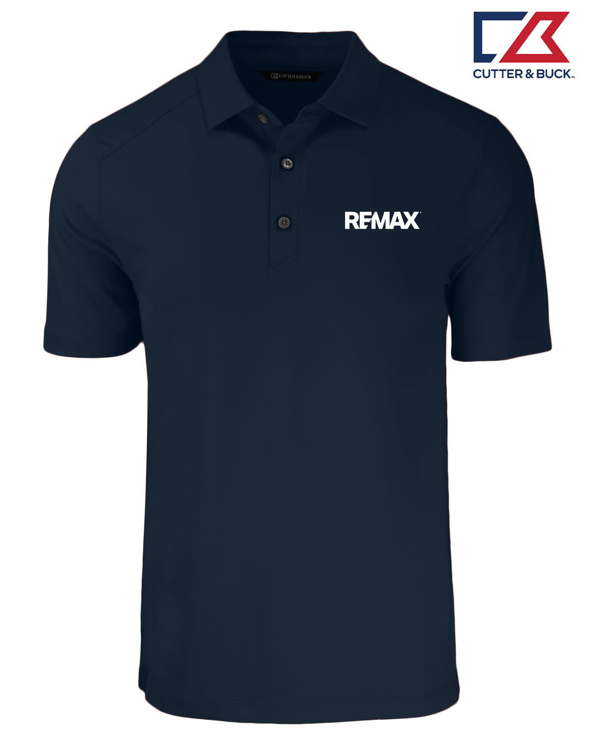 A navy blue short-sleeve polo shirt with a white REMAX logo printed on the left chest, shown on a plain white background with a Cutter & Buck brand logo in the top right corner.
