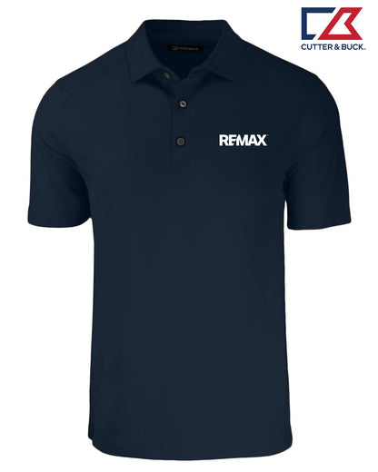 A navy blue short-sleeve polo shirt with a white REMAX logo printed on the left chest, shown on a plain white background with a Cutter & Buck brand logo in the top right corner.