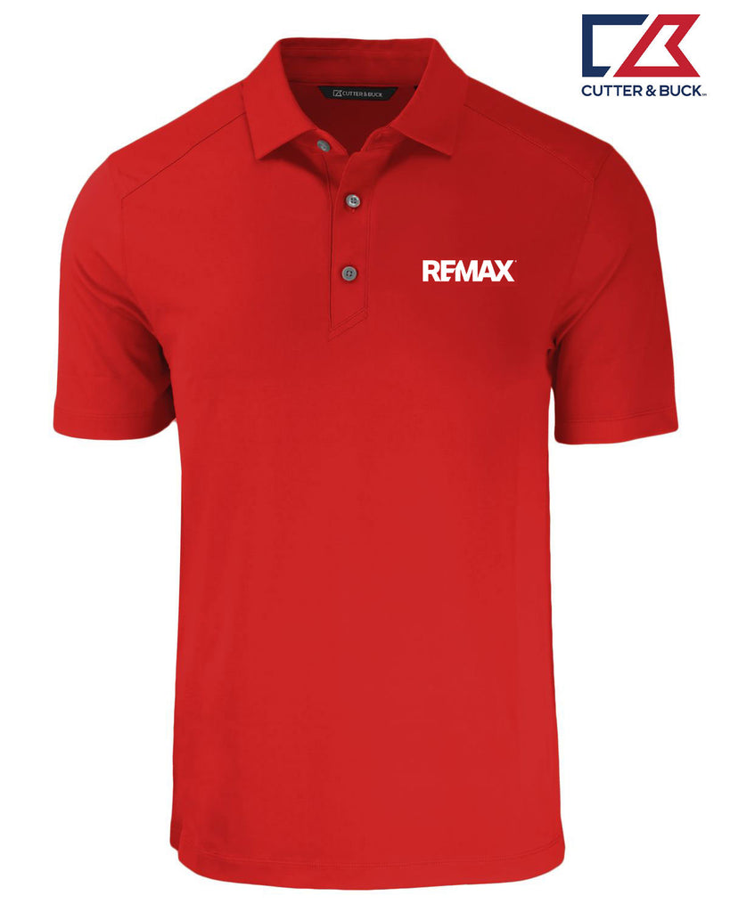 A red short-sleeve polo shirt with a white REMAX logo printed on the left chest, displayed on a clean white background with a Cutter & Buck brand logo in the top right corner.