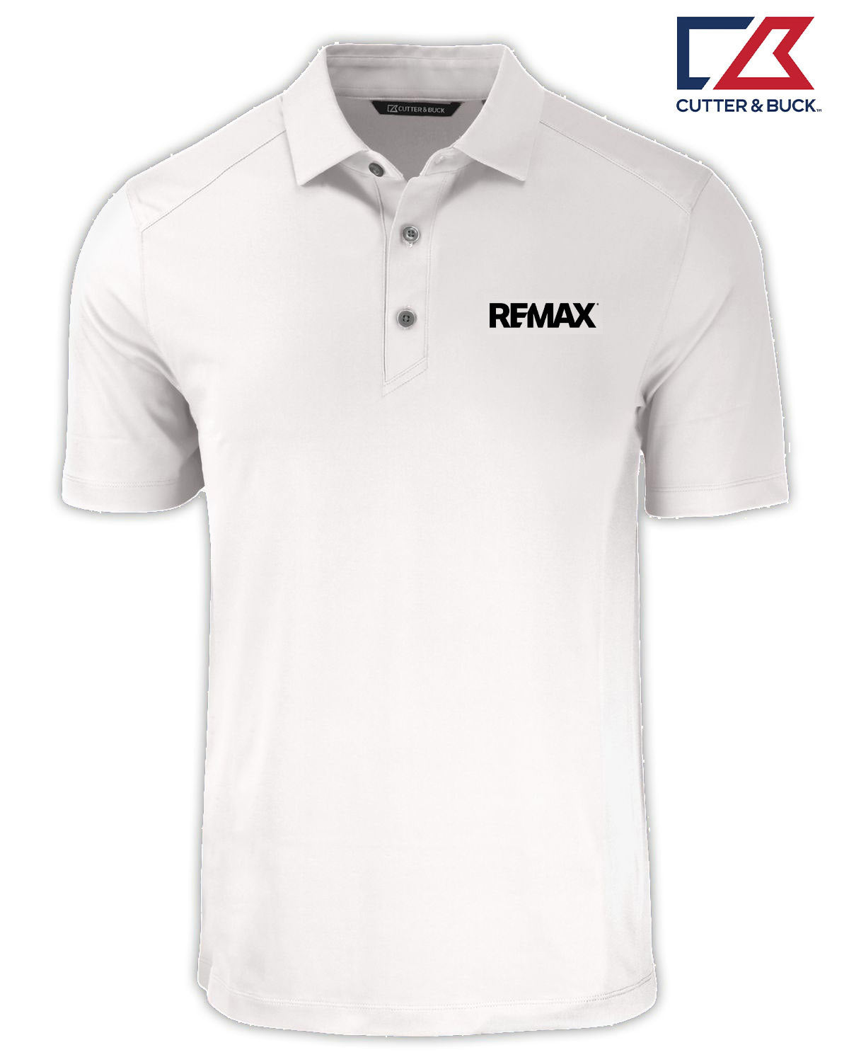 A white short-sleeve polo shirt with a two-button placket and a black REMAX logo printed on the left chest, shown on a plain white background with a Cutter & Buck logo in the top right corner.