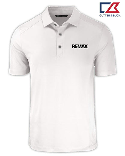 A white short-sleeve polo shirt with a two-button placket and a black REMAX logo printed on the left chest, shown on a plain white background with a Cutter & Buck logo in the top right corner.