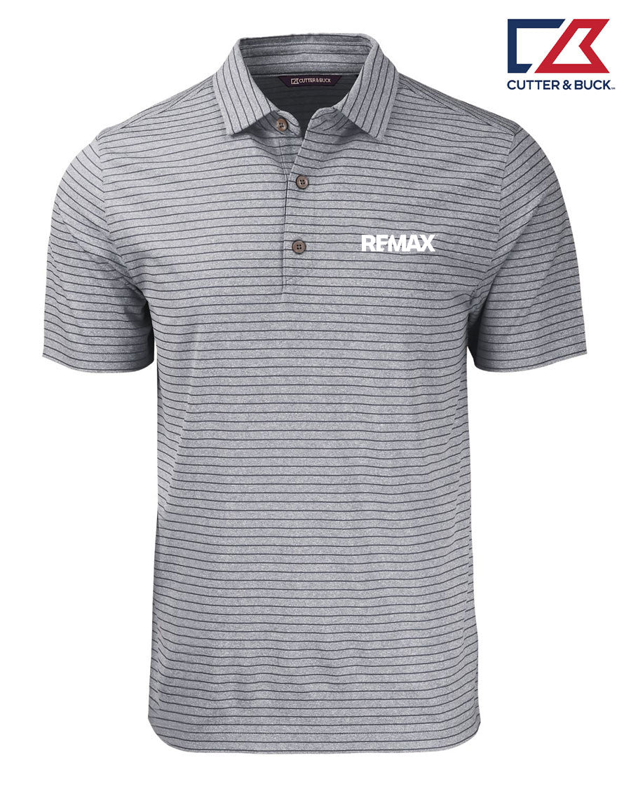 A Cutter & Buck short-sleeve polo shirt with thin gray and white horizontal stripes, featuring a white REMAX logo on the left chest. The Cutter & Buck brand logo is visible in the top right corner.