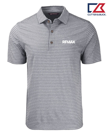 A Cutter & Buck short-sleeve polo shirt with thin gray and white horizontal stripes, featuring a white REMAX logo on the left chest. The Cutter & Buck brand logo is visible in the top right corner.