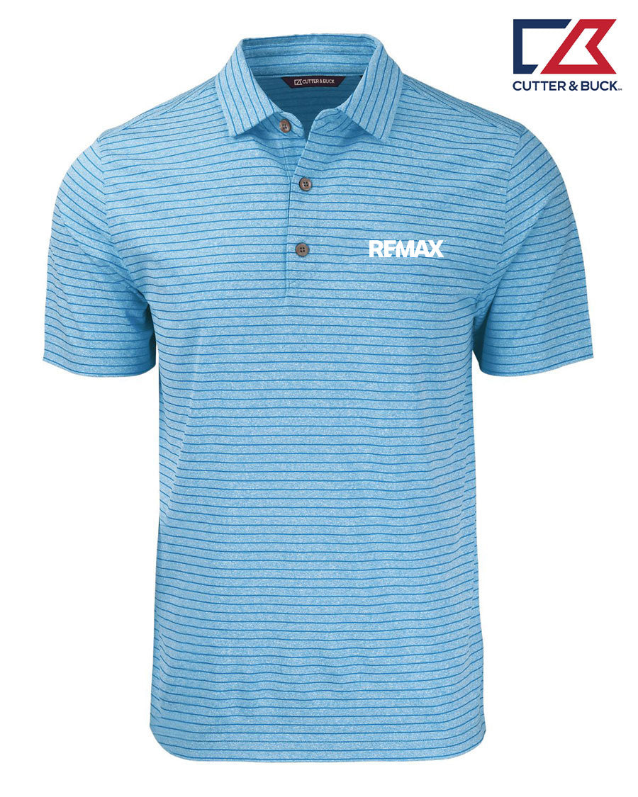 A light blue short-sleeve polo shirt with thin horizontal dark stripes and a white 'RFMAX' logo on the left chest, shown on a white background with the Cutter & Buck logo in the top right corner.