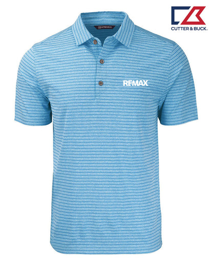 A light blue short-sleeve polo shirt with thin horizontal dark stripes and a white 'RFMAX' logo on the left chest, shown on a white background with the Cutter & Buck logo in the top right corner.