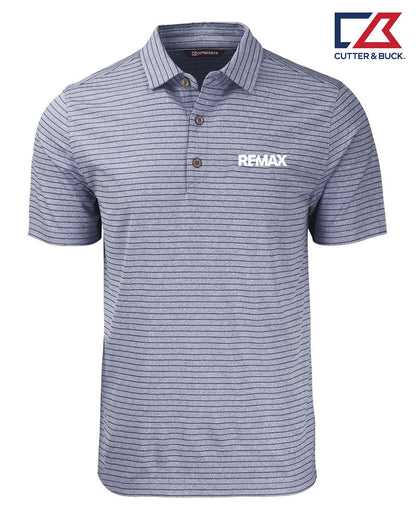 A Cutter & Buck short-sleeve polo shirt in heathered blue and white horizontal stripes, featuring a white REMAX logo on the left chest, displayed on a clean white background with the Cutter & Buck logo in the top right corner.