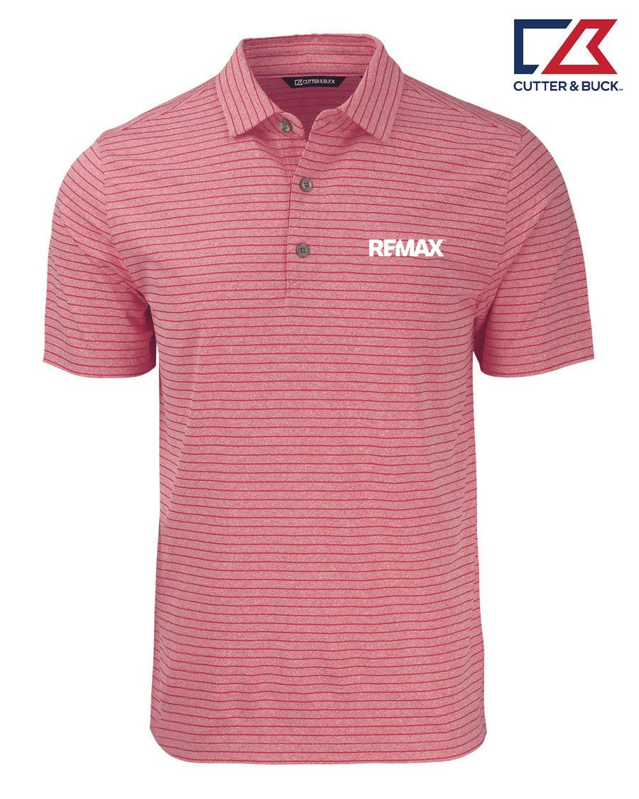 A short-sleeve polo shirt in a heathered pink and red stripe pattern, featuring a white 'RFMAX' logo on the left chest. The Cutter & Buck logo is visible in the top right corner.