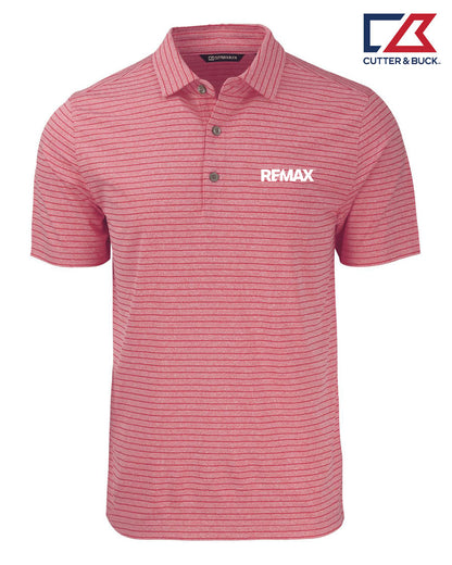 A short-sleeve polo shirt in a heathered pink and red stripe pattern, featuring a white 'RFMAX' logo on the left chest. The Cutter & Buck logo is visible in the top right corner.