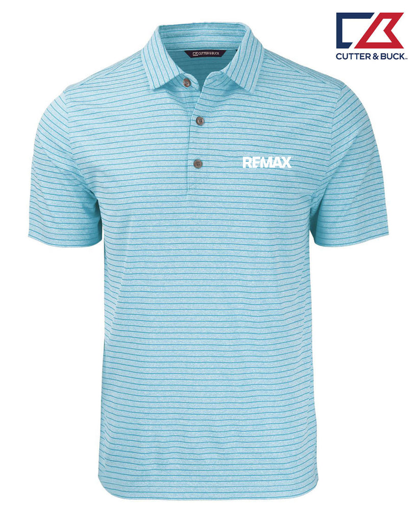 A light blue and white striped short-sleeve polo shirt with a white 'REMAX' logo on the left chest, shown on a white background with the Cutter & Buck logo in the top right corner.