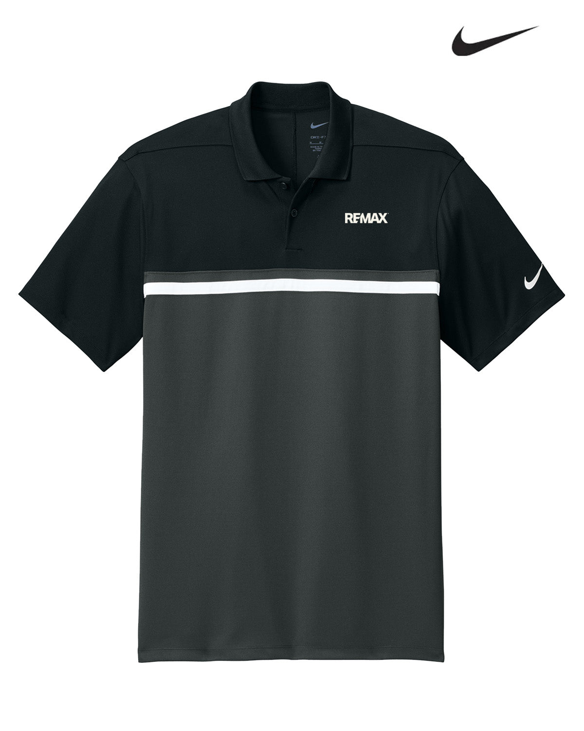Black and gray polo shirt with Nike and REMAX logos on a white background