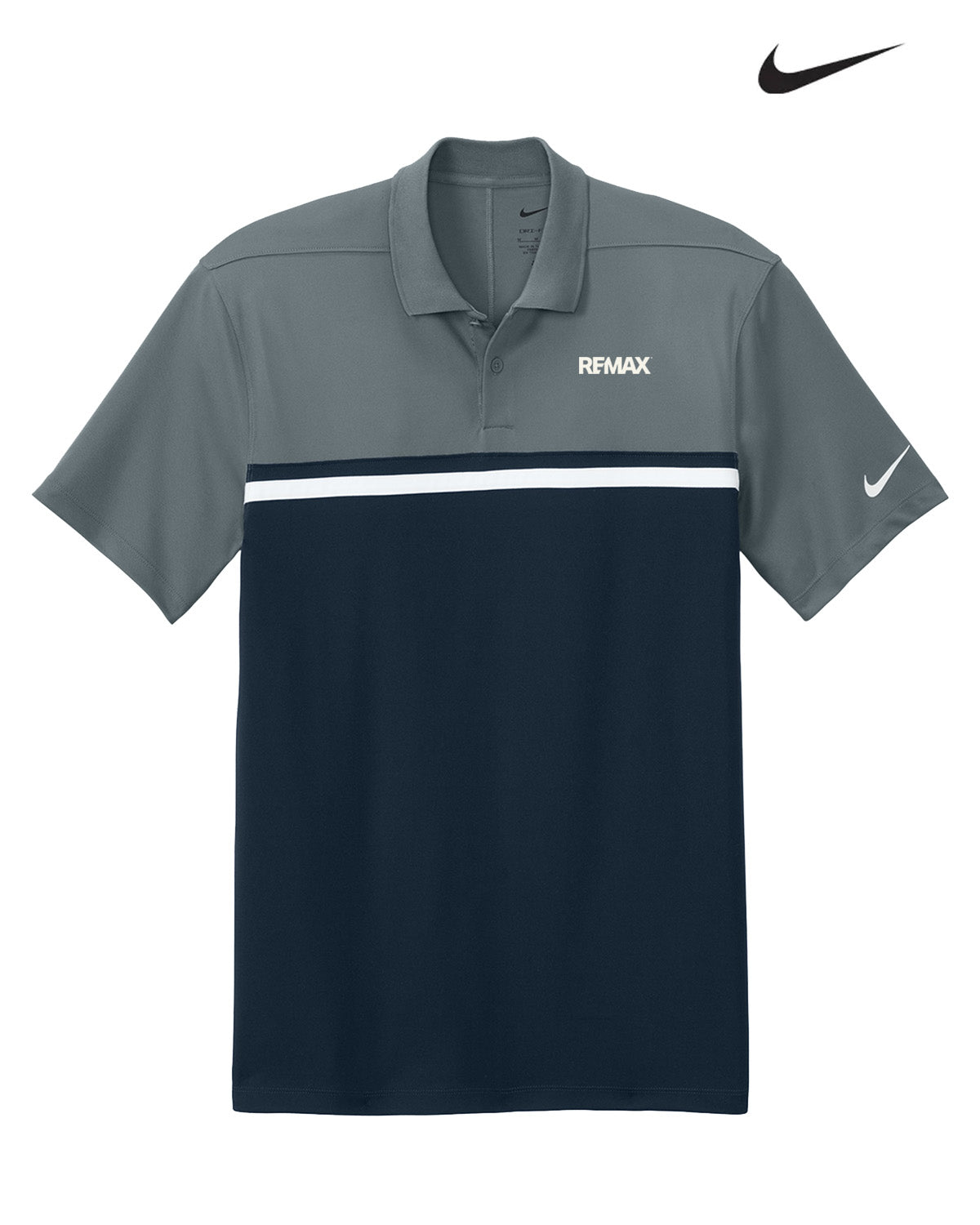 Gray and navy polo shirt with Remax logo and Nike branding on a white background