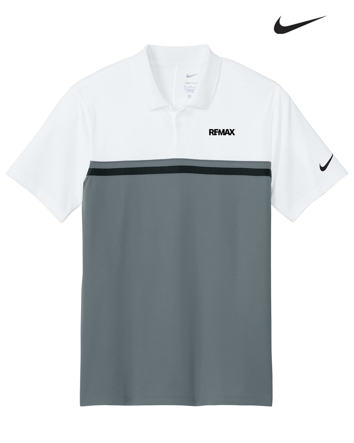 White and gray polo shirt with 'REMAX' branding on a white background