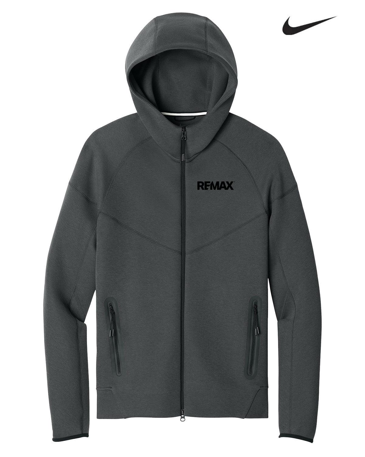 A dark gray full-zip hoodie with a black 'REMAX' logo on the left chest and a black Nike swoosh in the top right corner, shown on a plain white background.