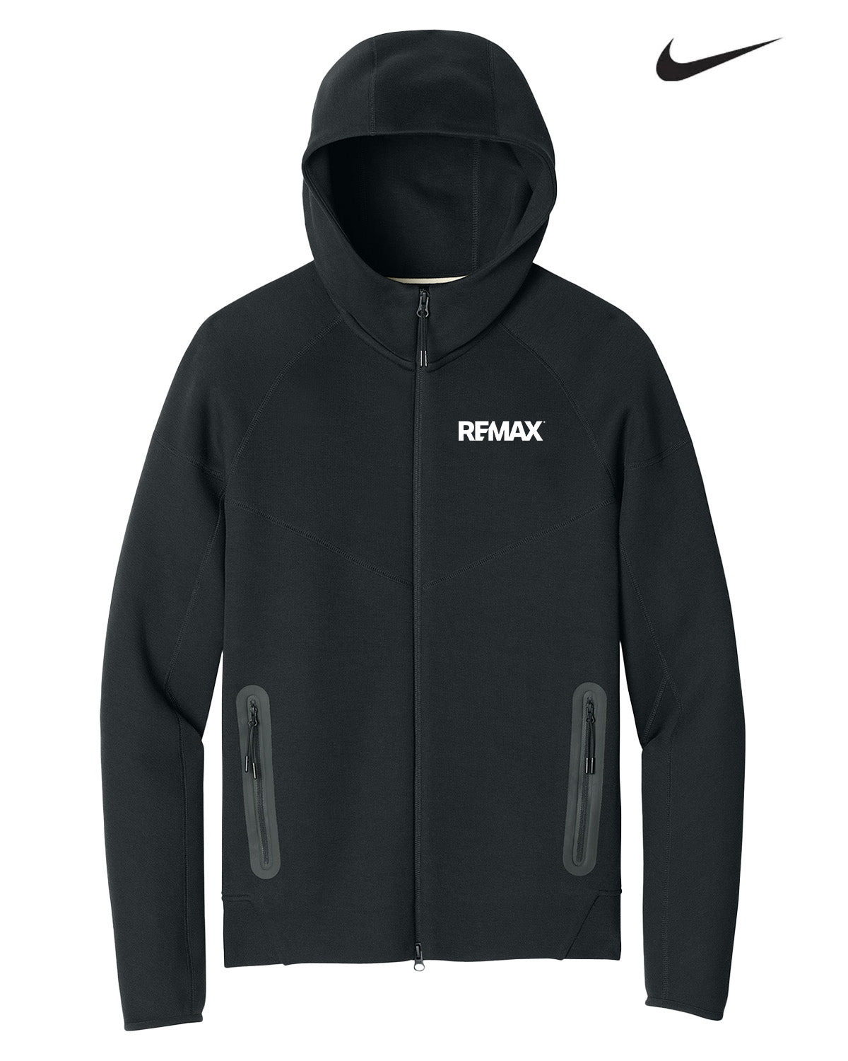 A black Nike REMAX full-zip hooded jacket with two vertical zippered pockets on the lower front and a white Nike swoosh logo in the top right corner, set against a plain white background.