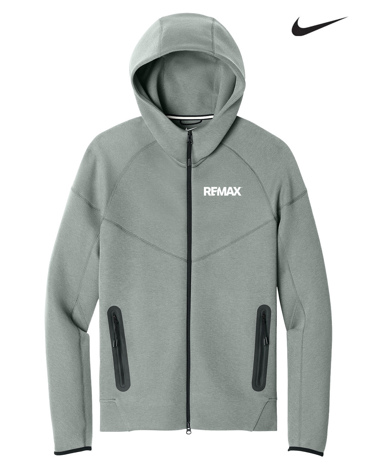 A light gray Nike REMAX full-zip hoodie with a white logo on the chest, displayed on a clean white background with a black Nike swoosh in the top right corner.