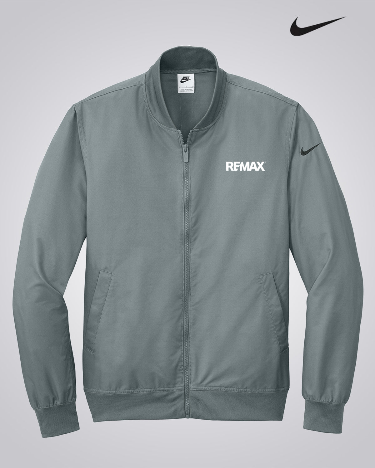 Gray jacket with 'REMAX' logo and Nike branding on a light gray background