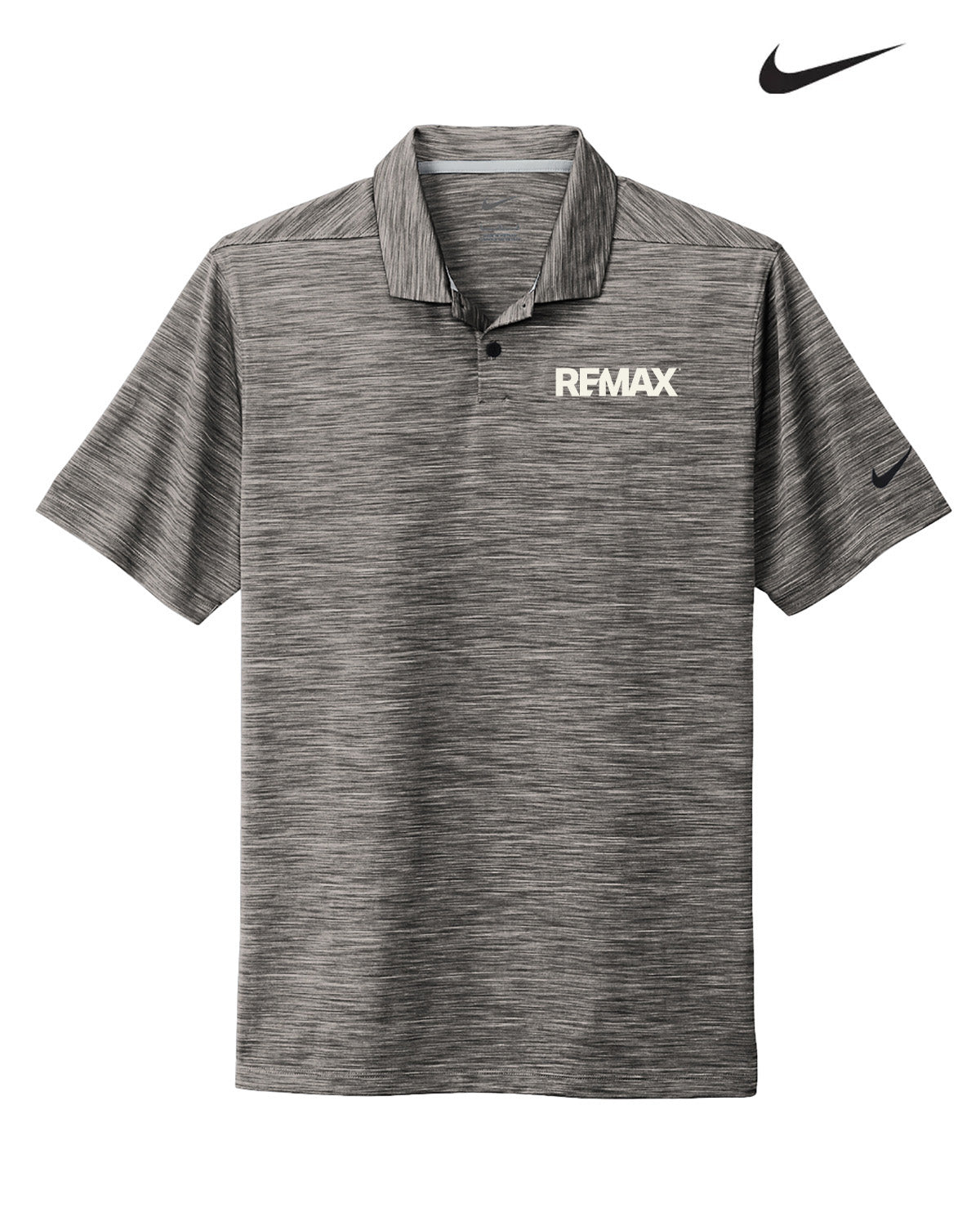 A heather gray short-sleeve polo shirt with a white 'REMAX' logo on the left chest and a black Nike swoosh on the right sleeve, displayed on a clean white background with a black Nike swoosh logo in the top right corner.