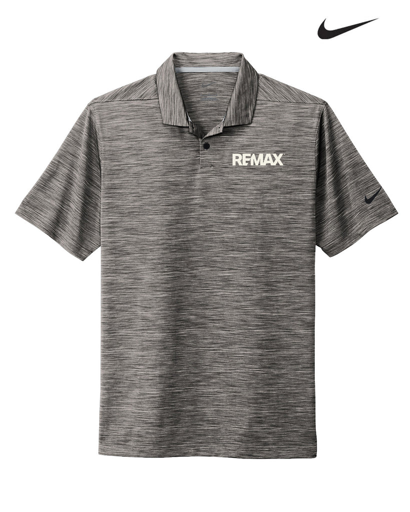 A heather gray short-sleeve polo shirt with a white 'REMAX' logo on the left chest and a black Nike swoosh on the right sleeve, displayed on a clean white background with a black Nike swoosh logo in the top right corner.