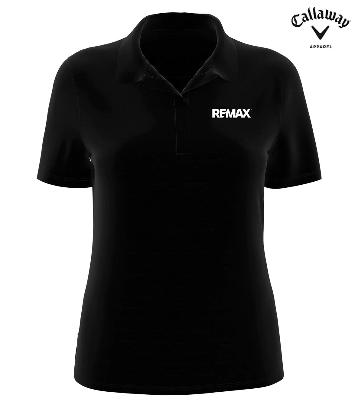 A black short-sleeve polo shirt with a collar and the white REMAX logo on the left chest, shown on a plain white background with a Callaway Apparel logo in the top right corner.