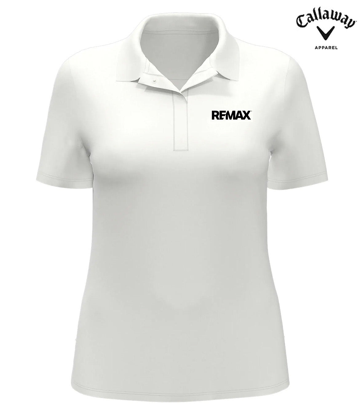 A white short-sleeve polo shirt with a collar and a black REMAX logo on the left chest, shown on a plain white background with the Callaway Apparel logo in the top right corner.
