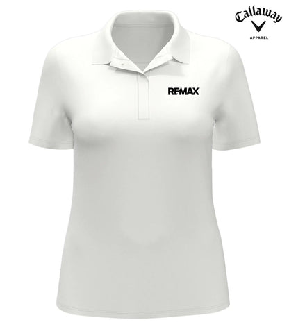 A white short-sleeve polo shirt with a collar and a black REMAX logo on the left chest, shown on a plain white background with the Callaway Apparel logo in the top right corner.