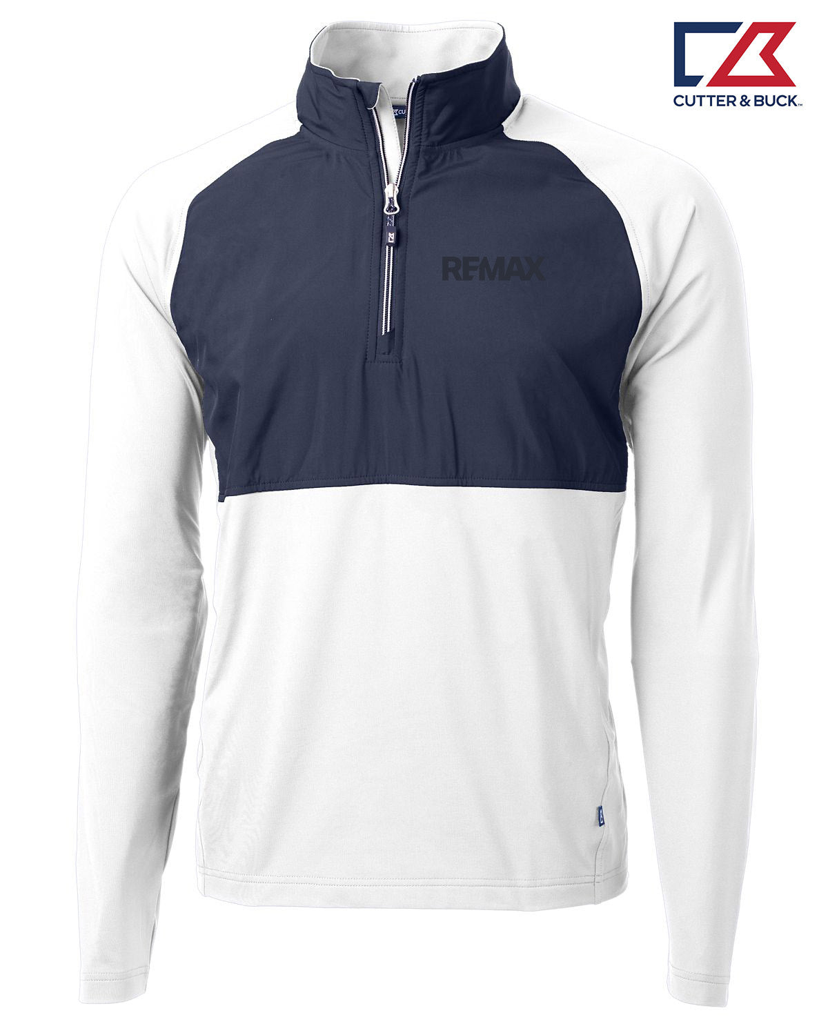 A Cutter & Buck long-sleeve quarter-zip pullover in white and navy blue, featuring the 'REMAX' logo on the chest, displayed on a clean white background with the brand logo in the top right corner.