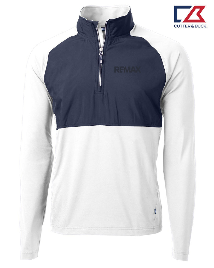 A Cutter & Buck long-sleeve quarter-zip pullover in white and navy blue, featuring the 'REMAX' logo on the chest, displayed on a clean white background with the brand logo in the top right corner.