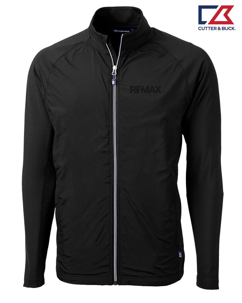 A black long-sleeve zip-up jacket with a stand collar, featuring a silver zipper and a dark gray 'REMAX' logo on the left chest. The Cutter & Buck logo is visible in the top right corner.