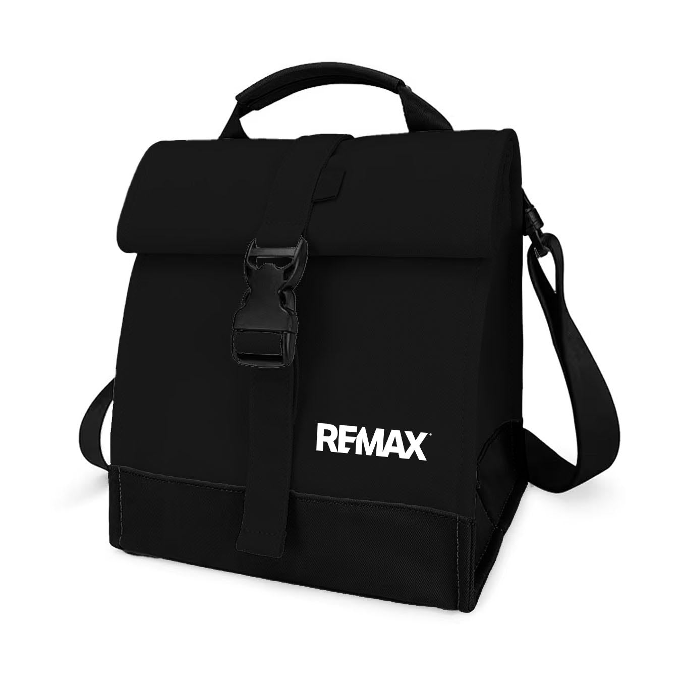 Black backpack with REMAX logo on a white background