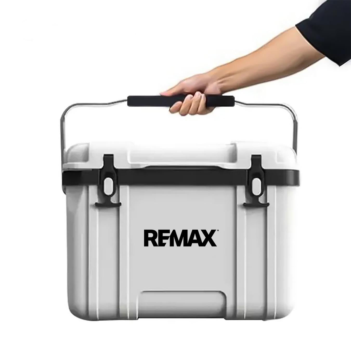 White cooler box with black handle and 'REMAX' branding on a white background