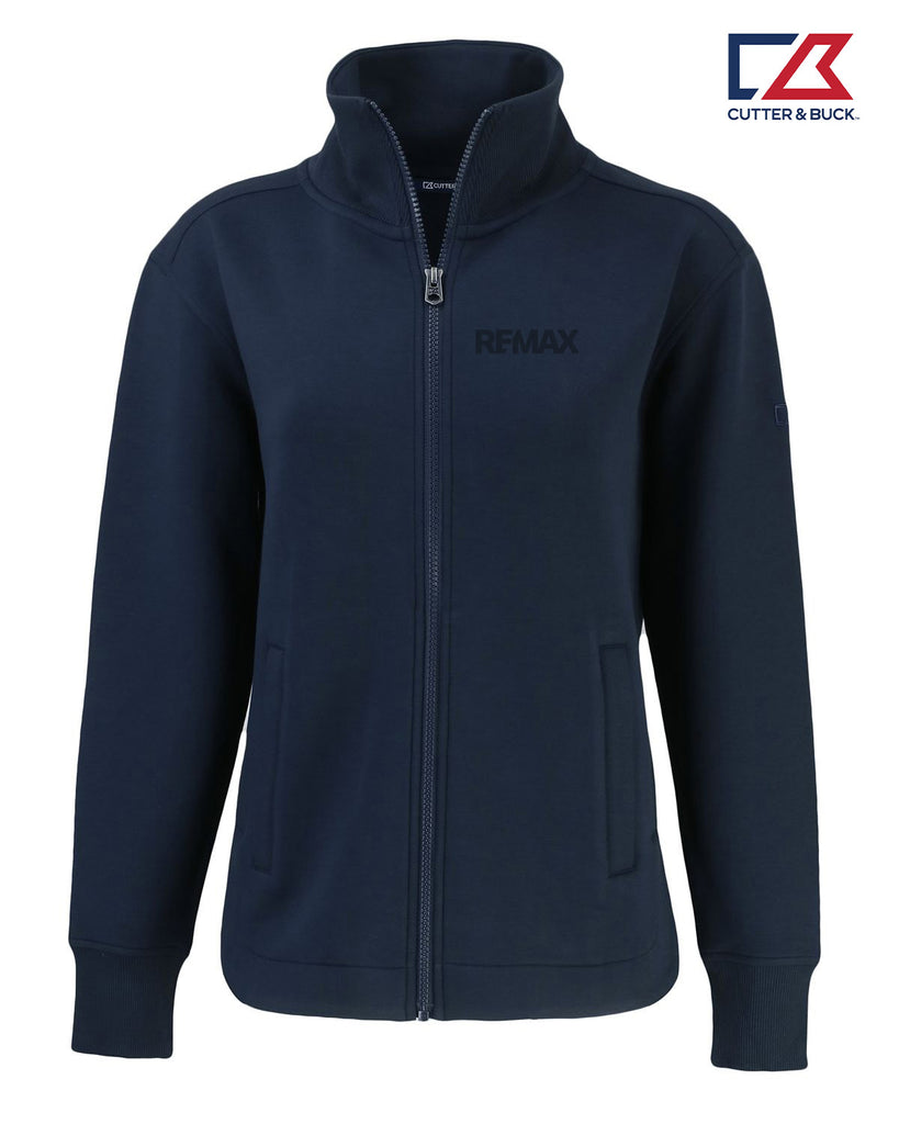 A navy blue zip-up fleece jacket with a stand-up collar, ribbed cuffs and hem, and side pockets. The brand name 'REMAX' is printed in dark gray on the left chest.