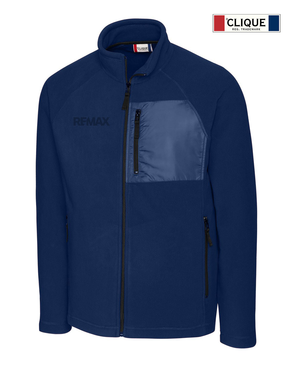 A navy blue zip-up jacket with a lighter blue chest panel, featuring the 'REMAX' logo on the left chest. The image is set against a plain white background with a 'CLIQUE' brand logo overlay in the top right corner.