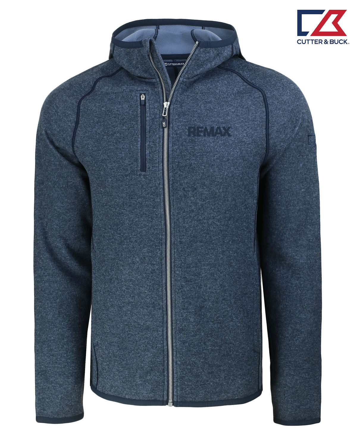 A dark heather blue zip-up hoodie jacket with a high collar, a vertical chest zipper pocket, and 'REMAX' printed on the left chest. The Cutter & Buck logo is visible in the top right corner.