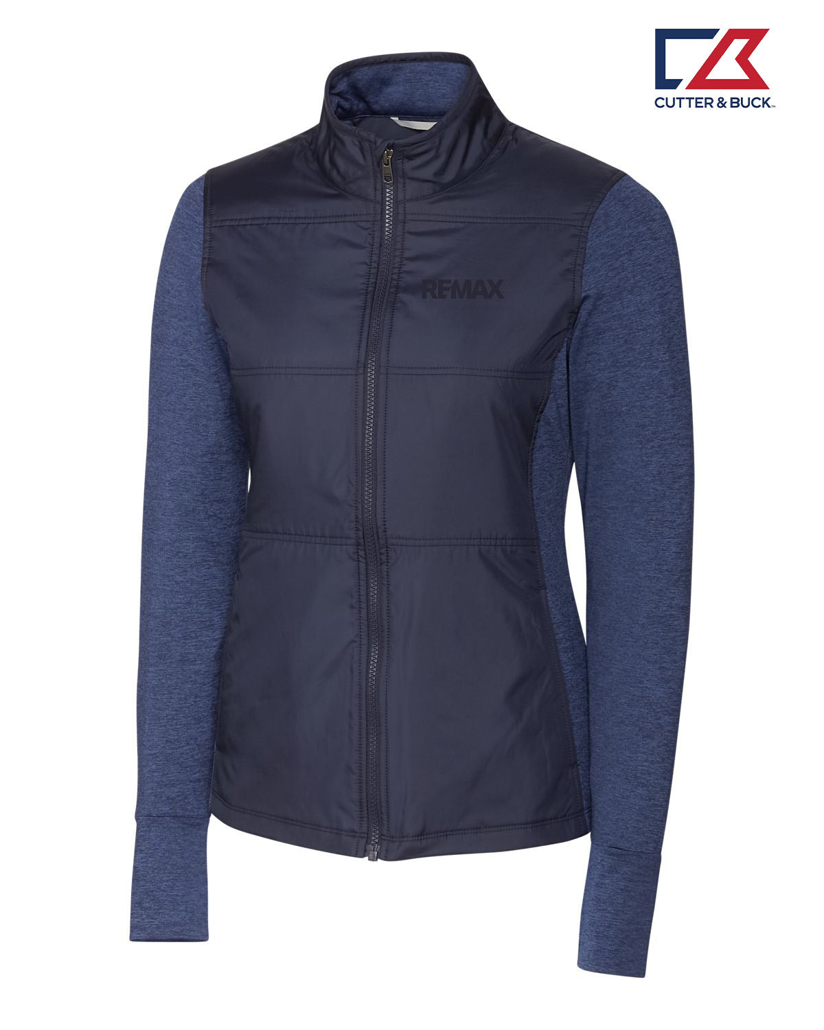 Navy and blue hybrid jacket with a brand logo on a white background