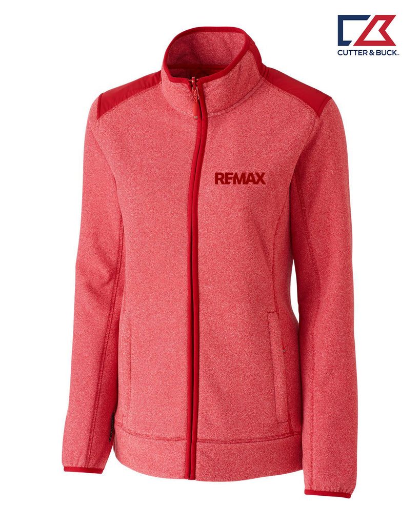 A red heathered zip-up fleece jacket with solid red shoulder panels, collar trim, and cuffs, featuring the 'REMAX' logo on the left chest. The Cutter & Buck logo is visible in the top right corner.