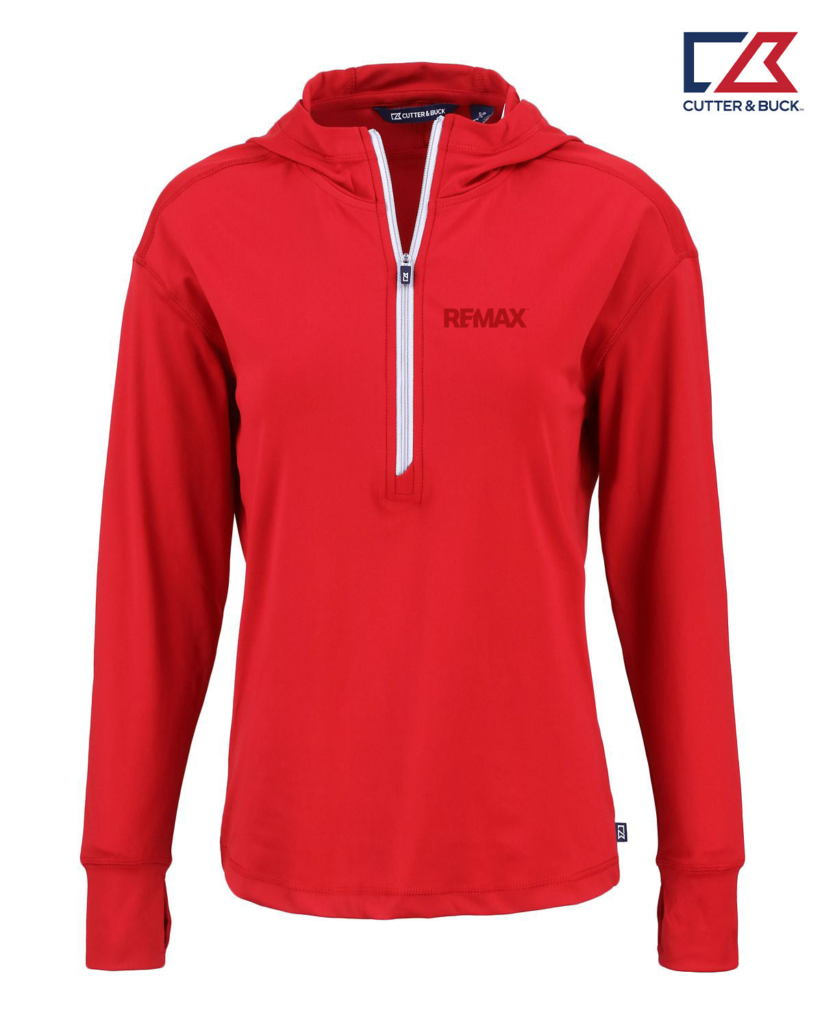 Red hoodie with white zipper and 'REMAX' branding on a white background, featuring Cutter & Buck logo.