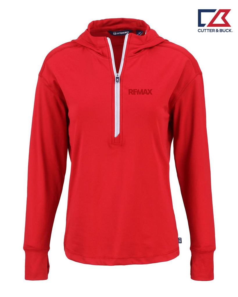 Red hoodie with white zipper and 'REMAX' branding on a white background, featuring Cutter & Buck logo.